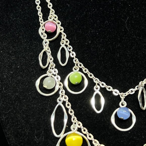 Double Strand Silver Tone Pink Clear Green Blue & Yellow Cats Eye Necklace (3742 - Picture 2 of 6